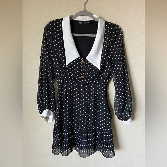 Zara Polka Dot Mini Black White Dress Collar Size S - Picture 9 of 11